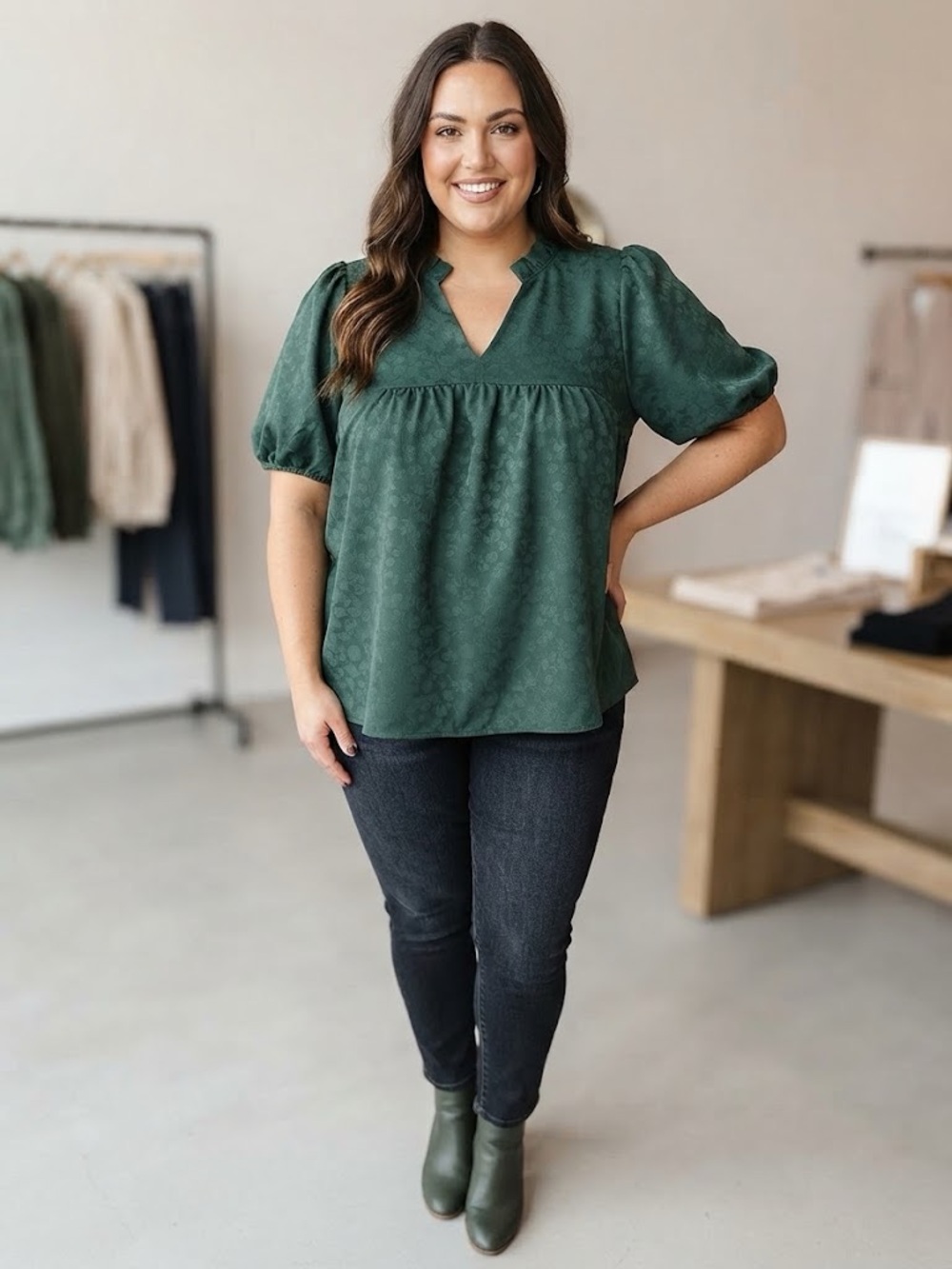 Textured Green V-Neck Puff Sleeve Blouse